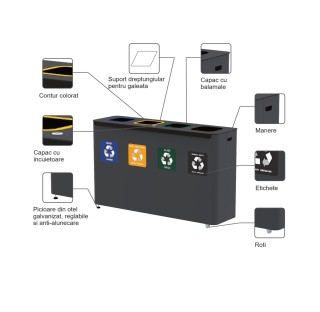 Cos de gunoi pentru colectare selectiva, premium, EKO STAR STATION, 3x60 litri Cos de gunoi pentru colectare selectiva, premium, EKO STAR STATION, 3x60 litri